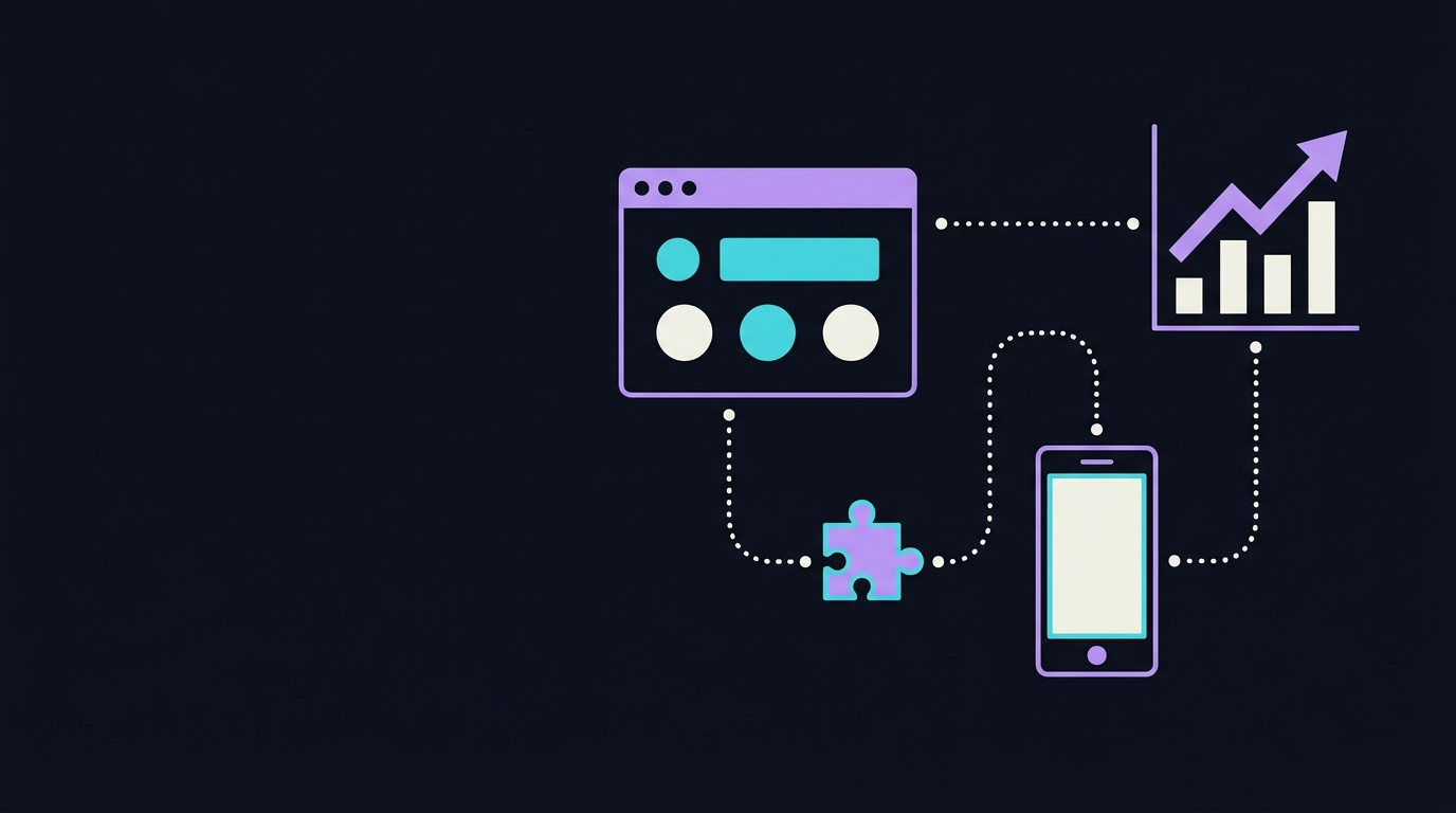Flat illustration of a browser window, plugin puzzle piece, phone and growth chart linked by dotted paths