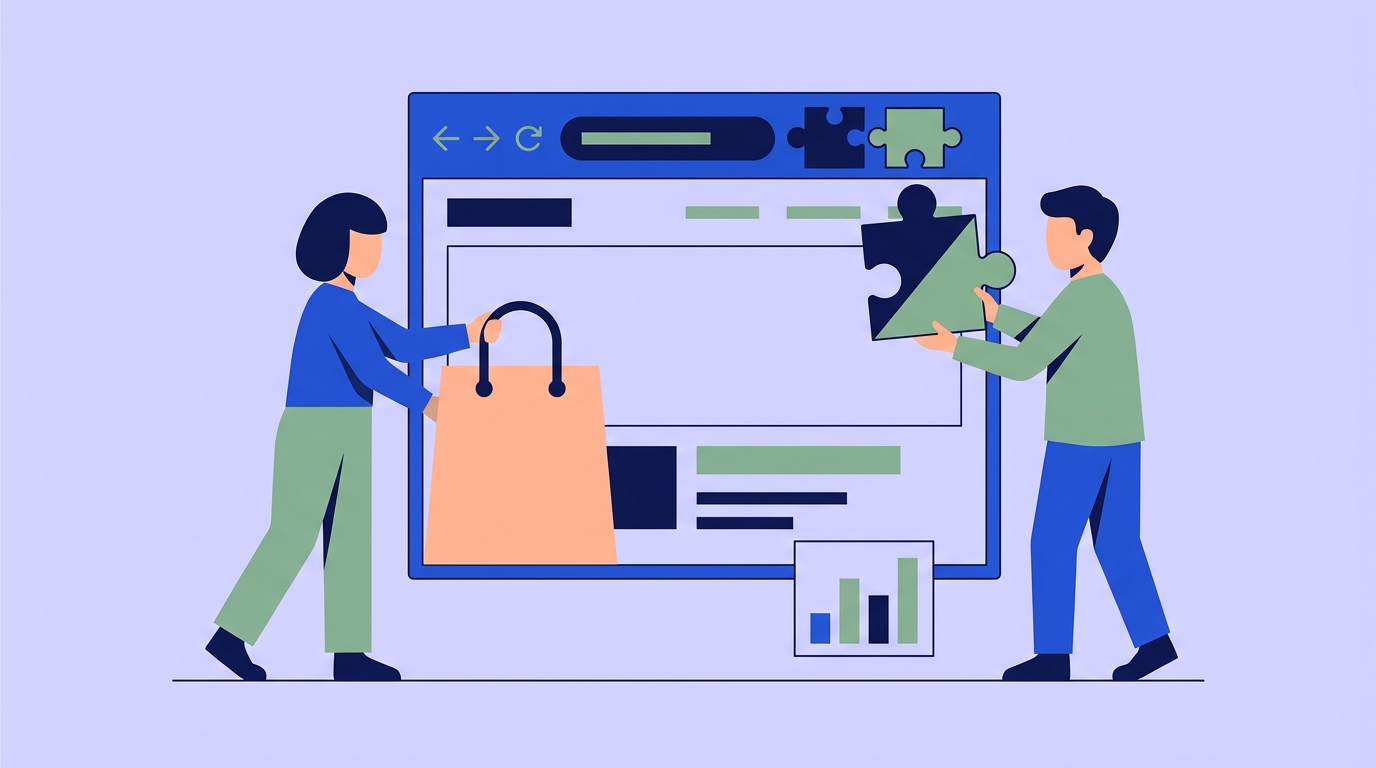 Flat illustration of two people assembling a website and plugging in a Chrome plugin