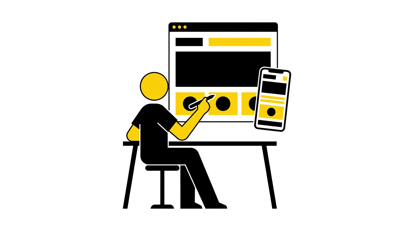Flat illustration of a person designing a website and phone screen at a desk