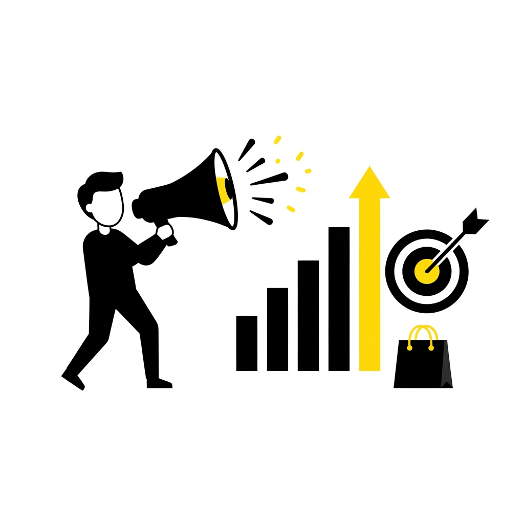 Flat illustration of a person with a megaphone beside a rising chart and a target