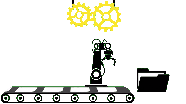 Animated illustration of a robot arm sorting documents