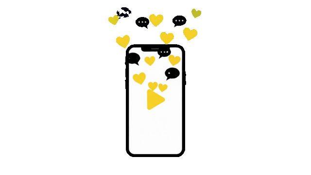 Animated illustration of a phone with hearts rising