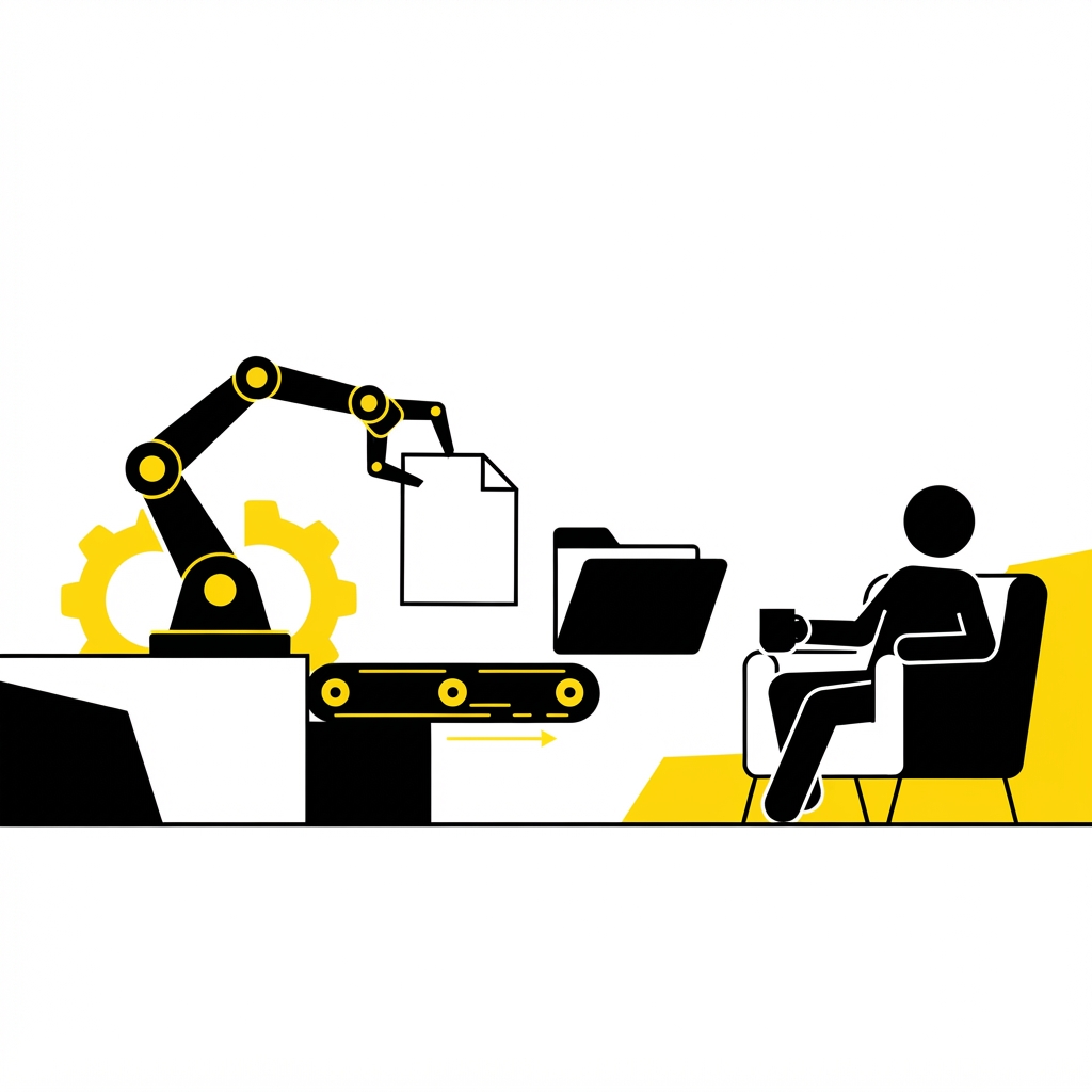 Flat illustration of a robot arm sorting documents while a person relaxes with coffee