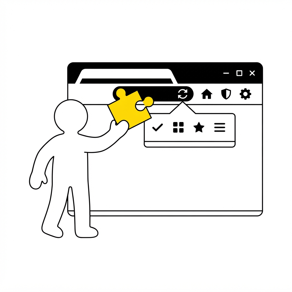 Flat illustration of a person plugging a yellow puzzle piece into a browser toolbar