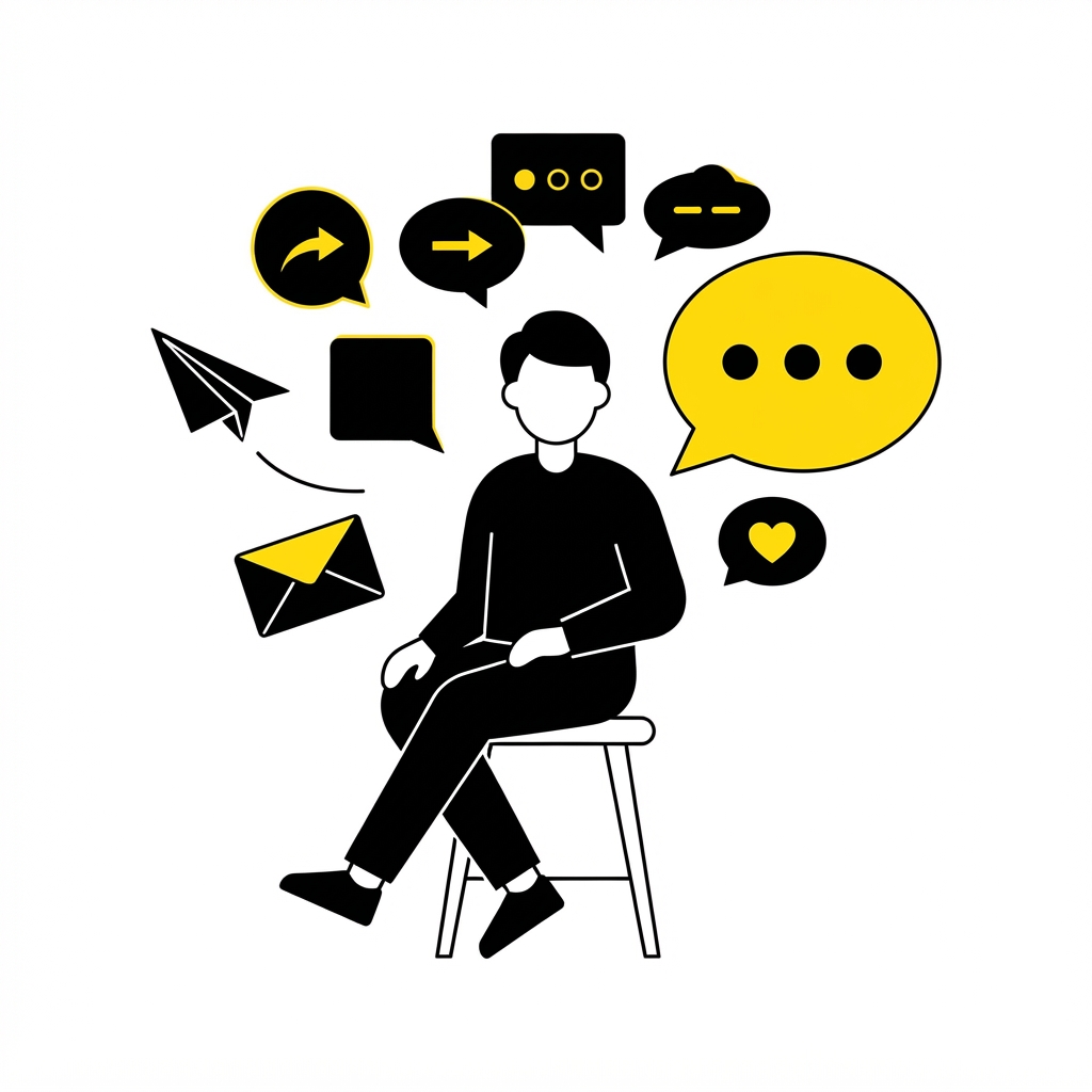 Flat illustration of a person surrounded by chat bubbles, a paper plane and an envelope