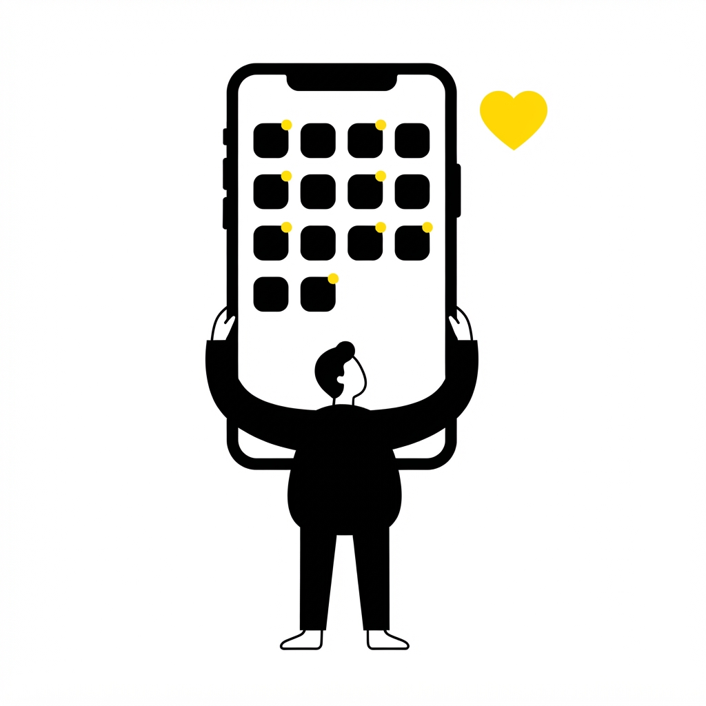 Flat illustration of a person holding a giant smartphone with app tiles