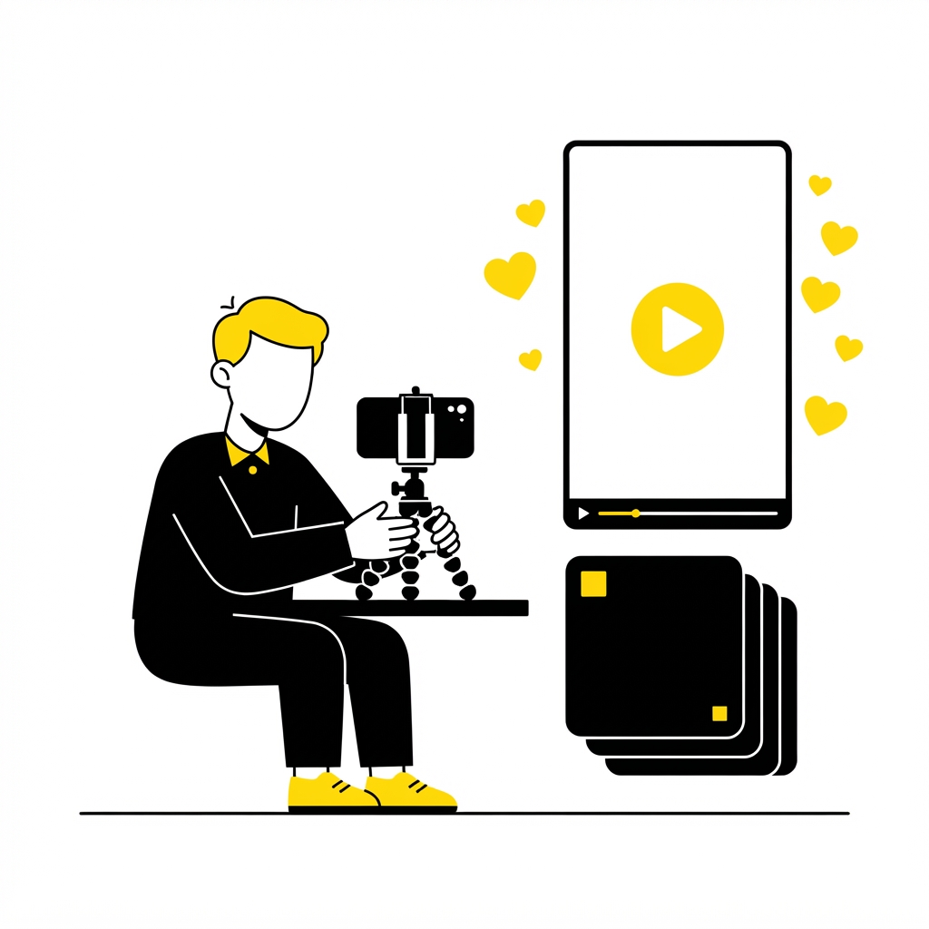Flat illustration of a person filming with a phone on a tripod beside floating hearts