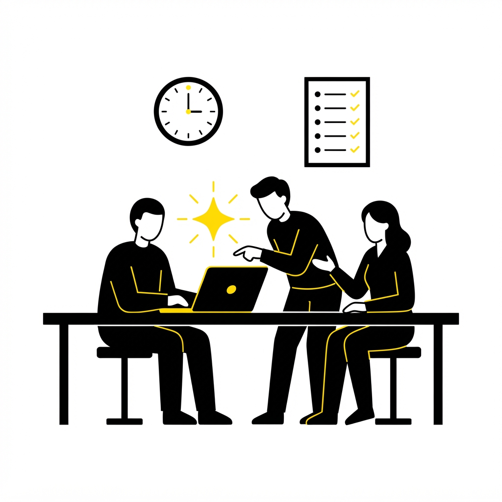 Flat illustration of three people planning together at one desk