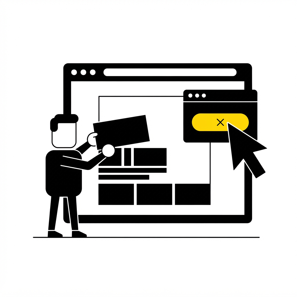Flat illustration of a person stacking layout blocks onto a browser window