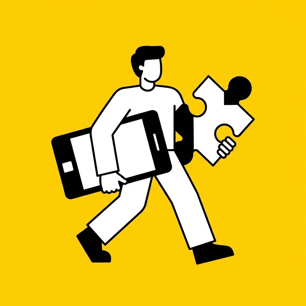 Flat illustration of a person carrying a giant phone and a puzzle piece