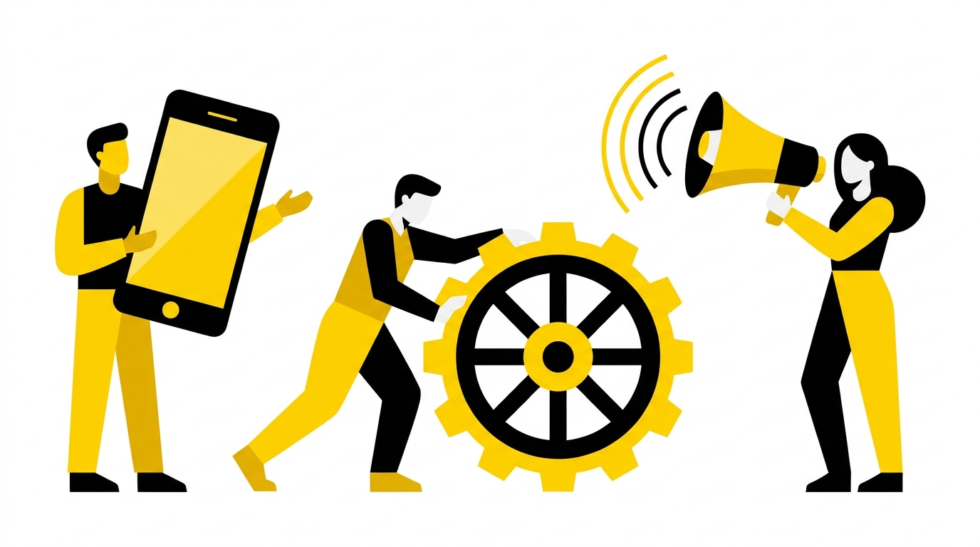 Flat illustration of three people with a phone, a gear and a megaphone